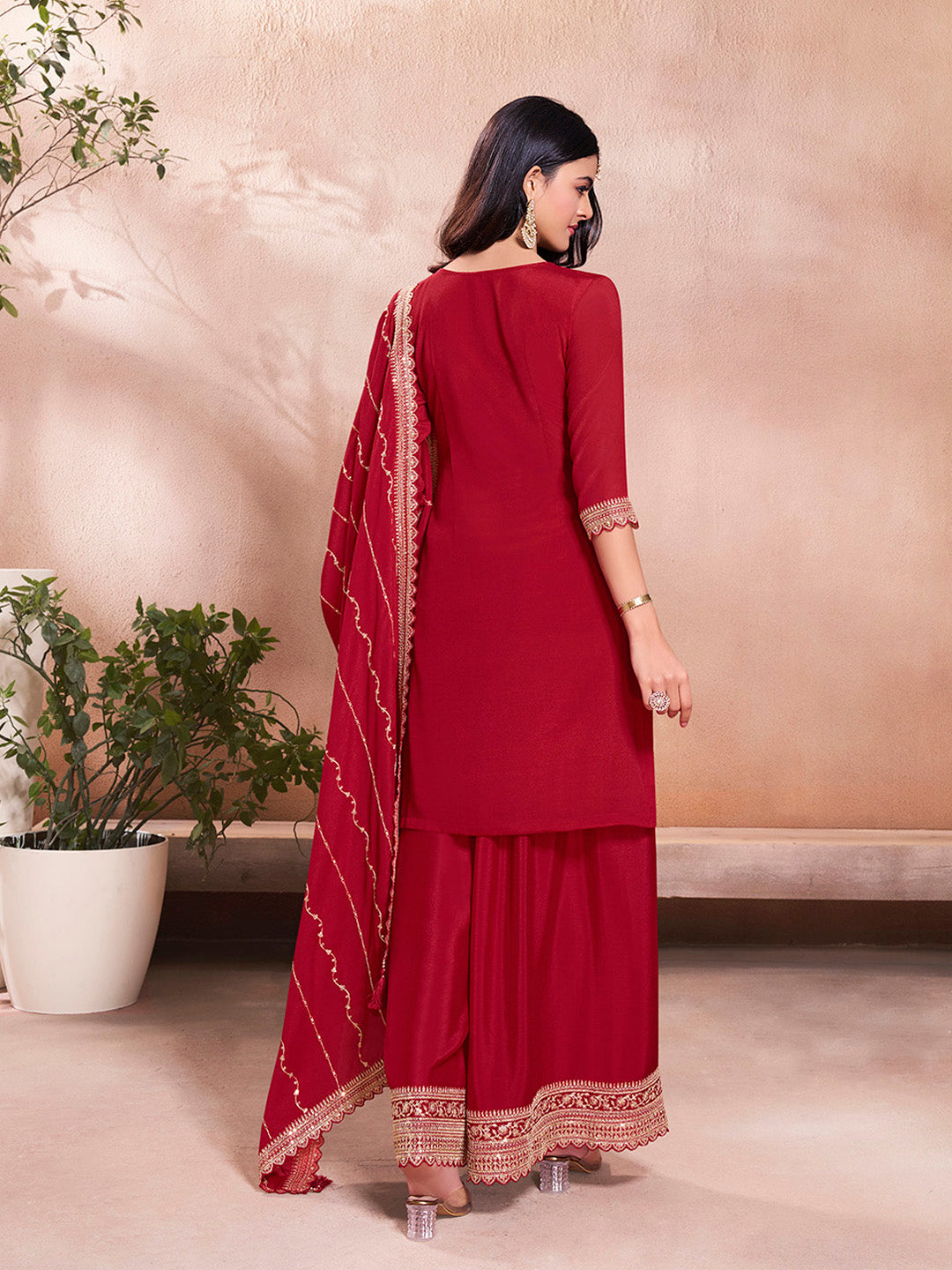Red Jacquard Embroidery Sharara Suit Set