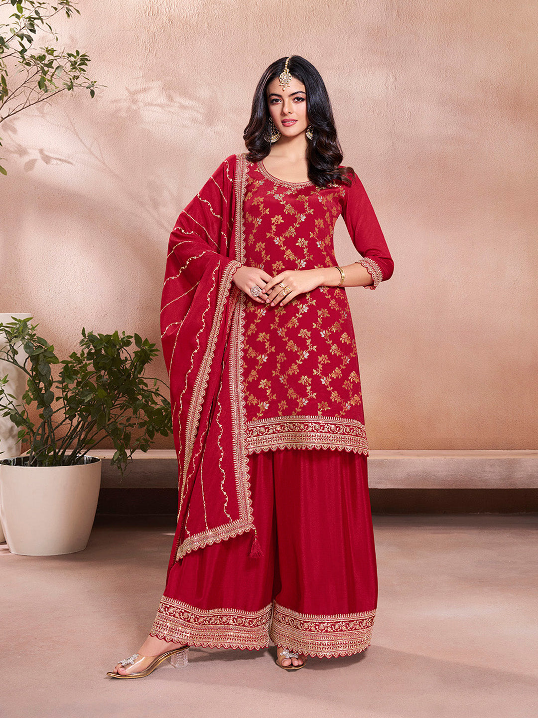 Red Jacquard Embroidery Sharara Suit Set