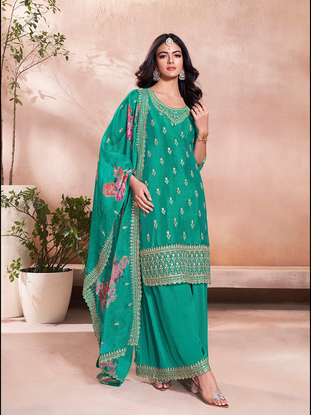 Teal Green Butti Floral Pattern Sequins Embroidered Sharara Suit Set