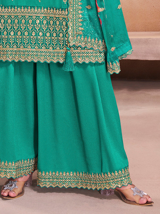 Teal Green Butti Floral Pattern Sequins Embroidered Sharara Suit Set