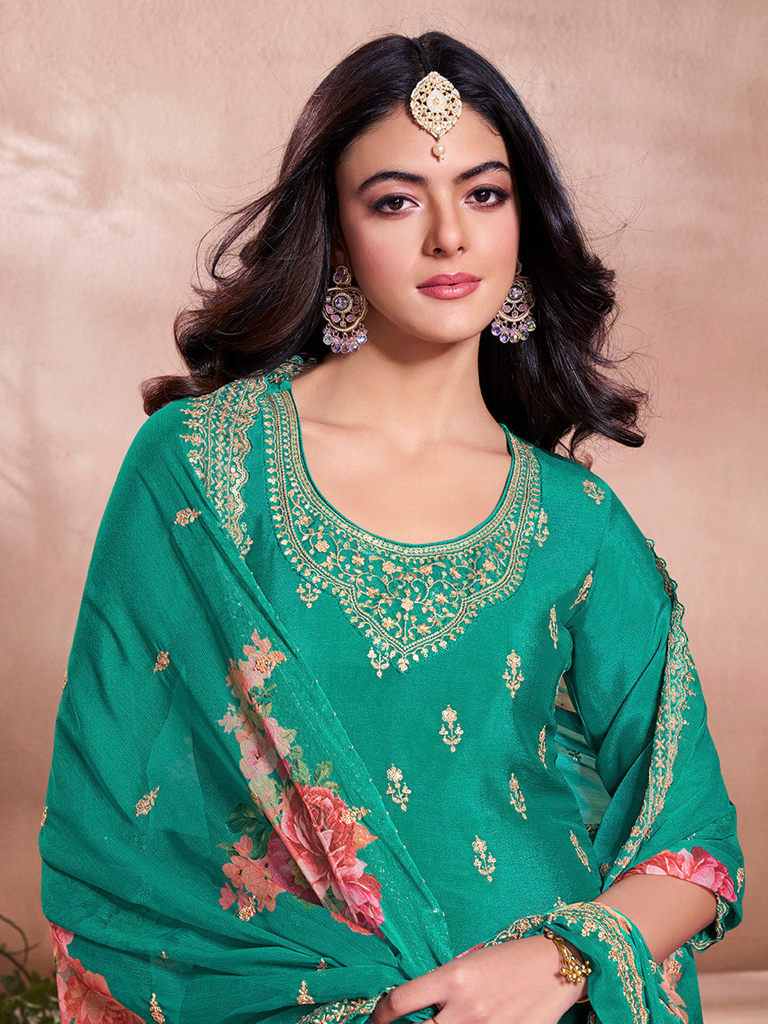 Teal Green Butti Floral Pattern Sequins Embroidered Sharara Suit Set