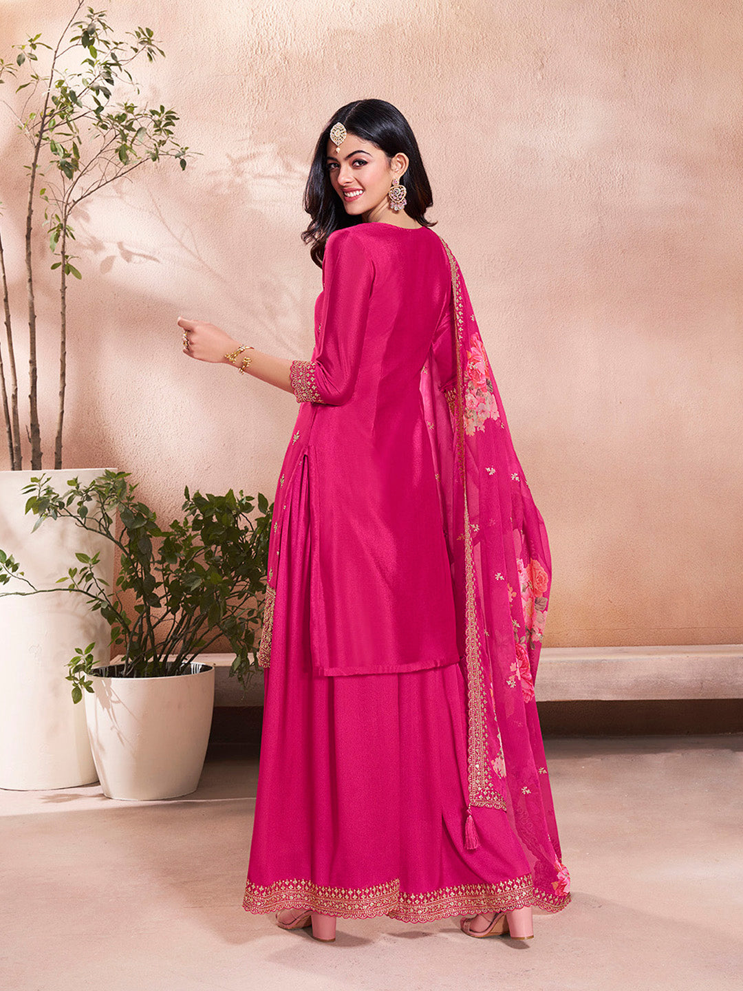 Pink Butti Floral pattern Sequins Embroidered Sharara Suit Set