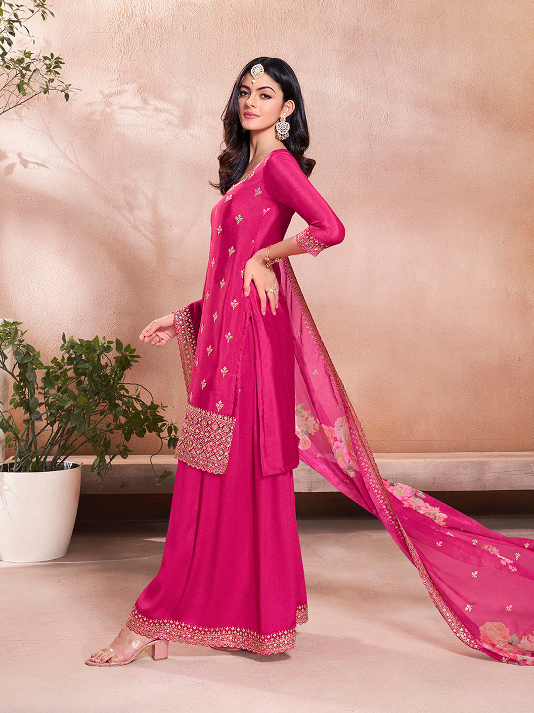 Pink Butti Floral pattern Sequins Embroidered Sharara Suit Set