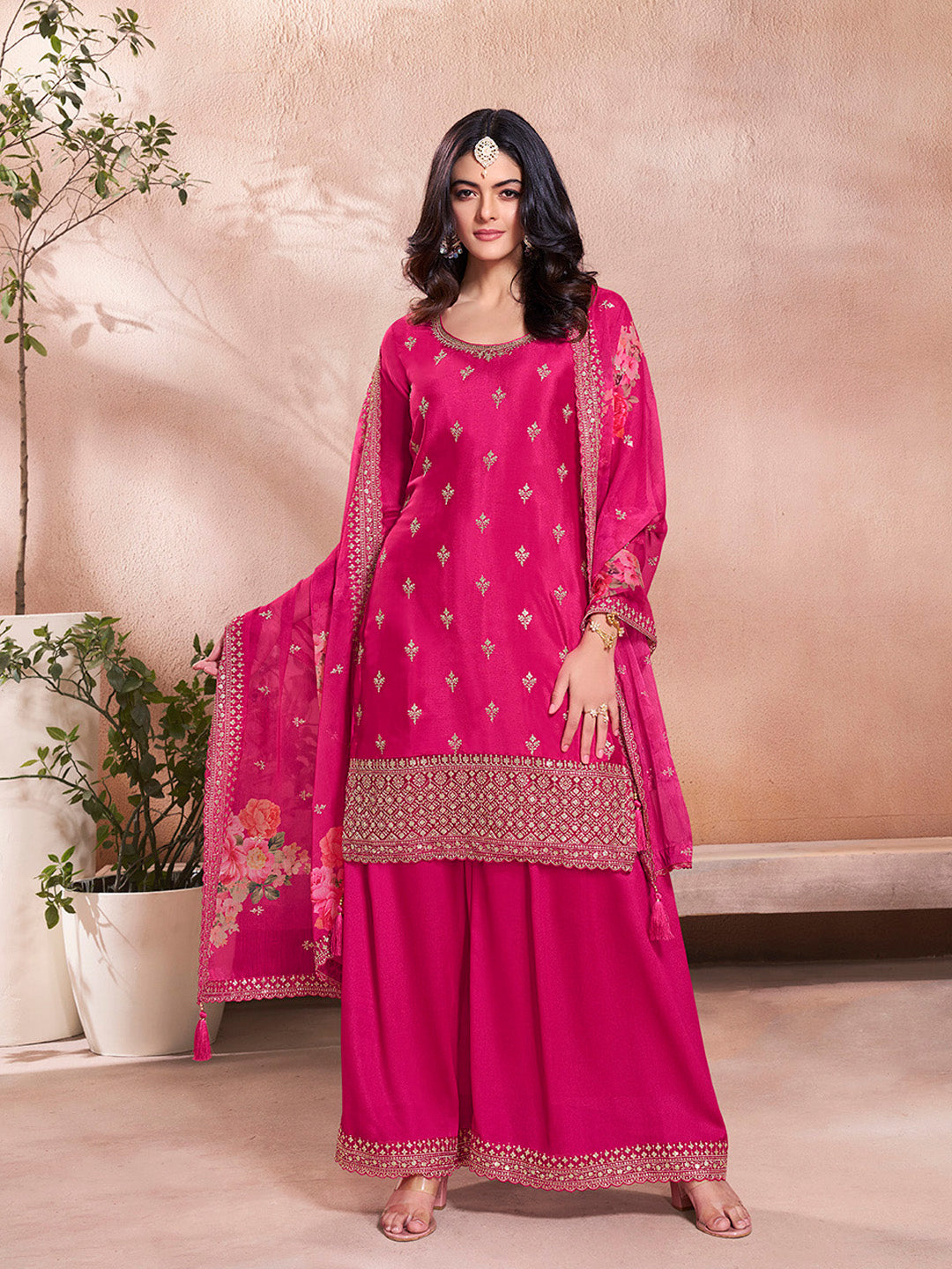 Pink Butti Floral pattern Sequins Embroidered Sharara Suit Set