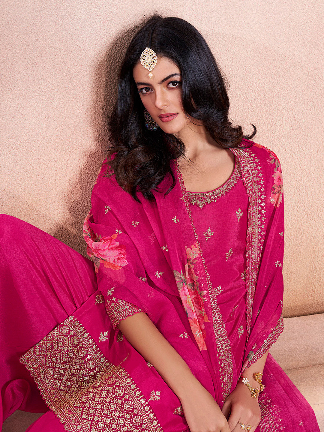 Pink Butti Floral pattern Sequins Embroidered Sharara Suit Set