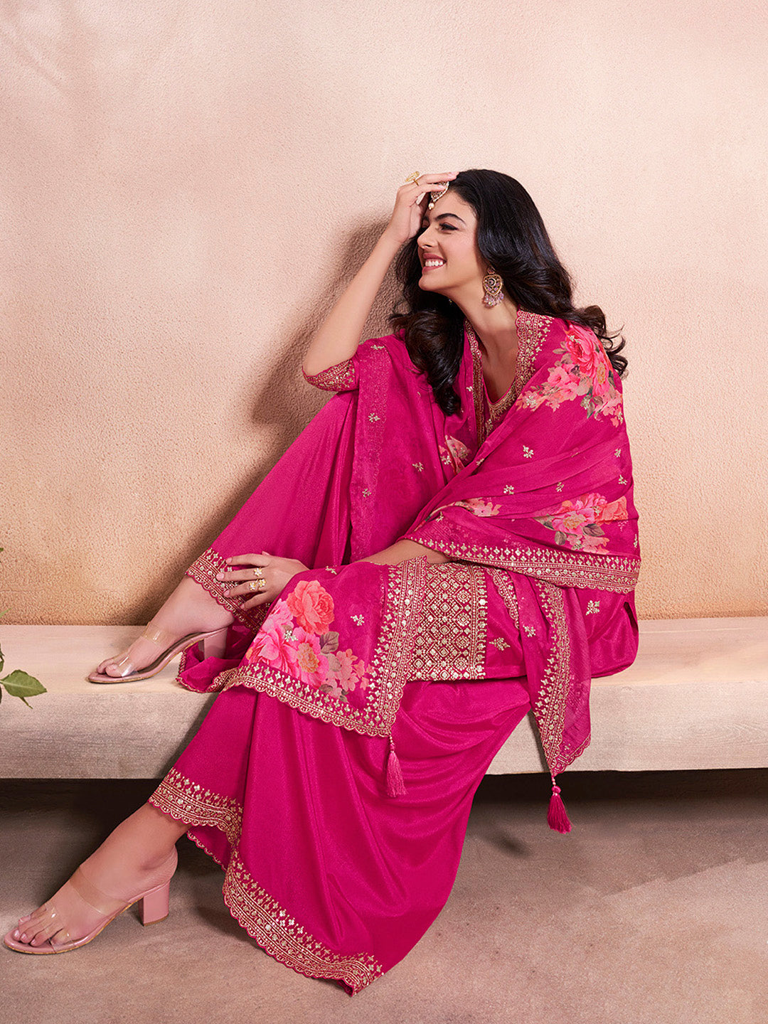 Pink Butti Floral pattern Sequins Embroidered Sharara Suit Set