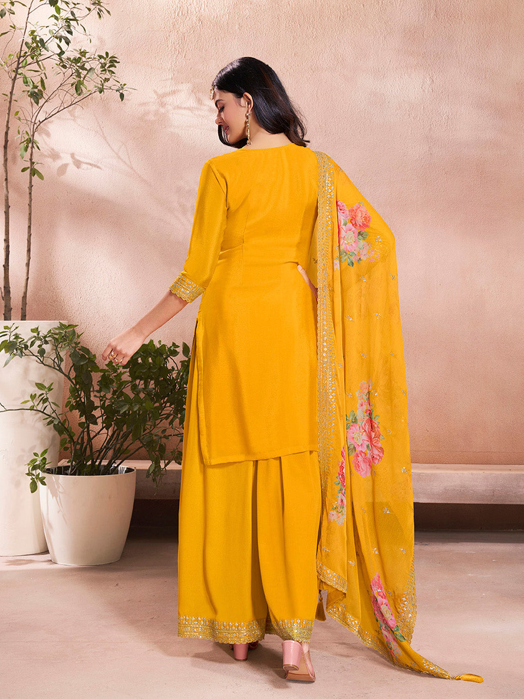 Yellow Butti Floral pattern Sequins Embroidered Sharara Suit Set