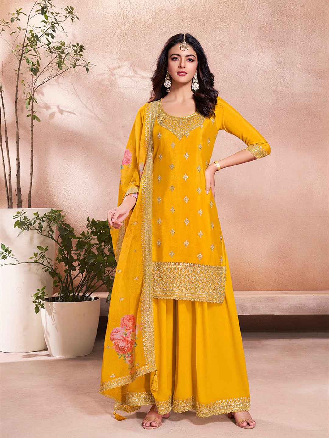 Yellow Butti Floral pattern Sequins Embroidered Sharara Suit Set
