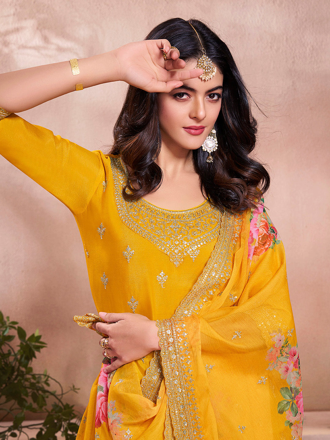 Yellow Butti Floral pattern Sequins Embroidered Sharara Suit Set