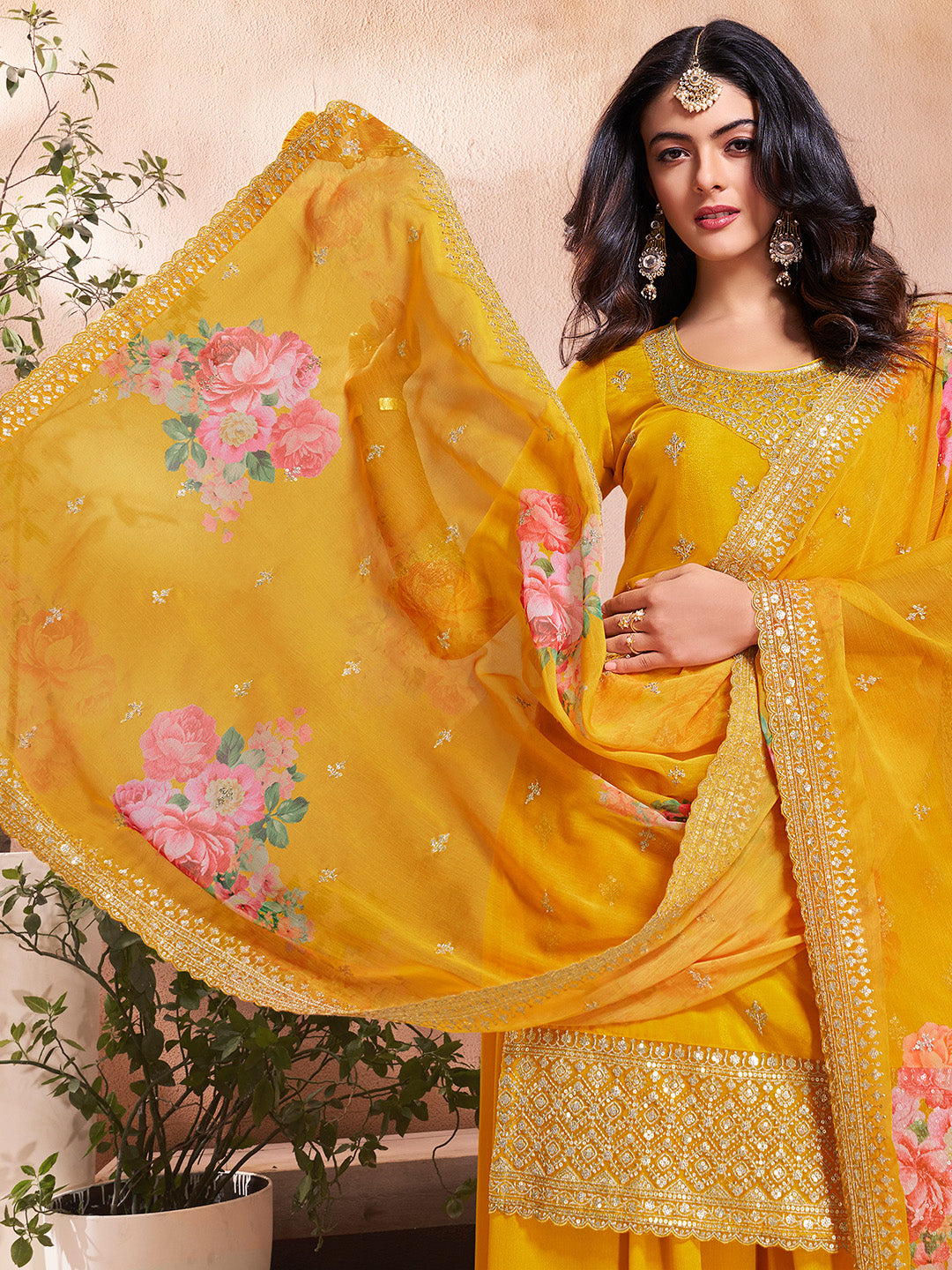 Yellow Butti Floral pattern Sequins Embroidered Sharara Suit Set