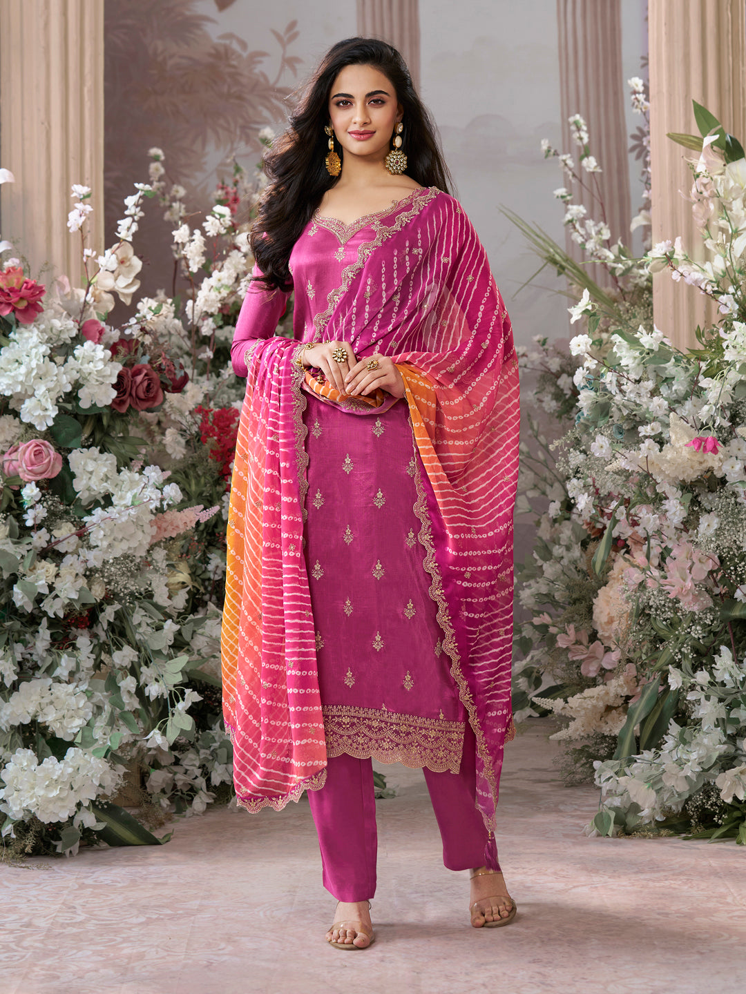 Hot Pink Dola Silk Kurta Set with Embroidered Work Paired with Chiffon Dupatta with Digital Print Work