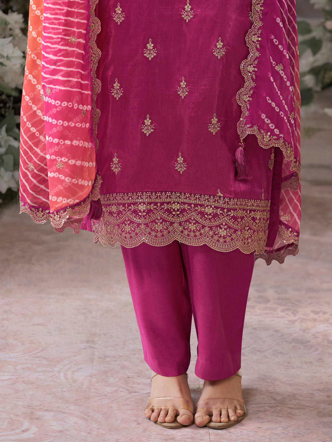 Hot Pink Dola Silk Kurta Set with Embroidered Work Paired with Chiffon Dupatta with Digital Print Work
