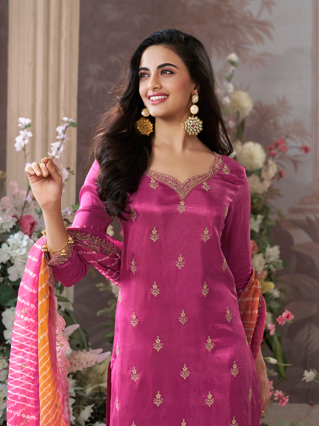 Hot Pink Dola Silk Kurta Set with Embroidered Work Paired with Chiffon Dupatta with Digital Print Work