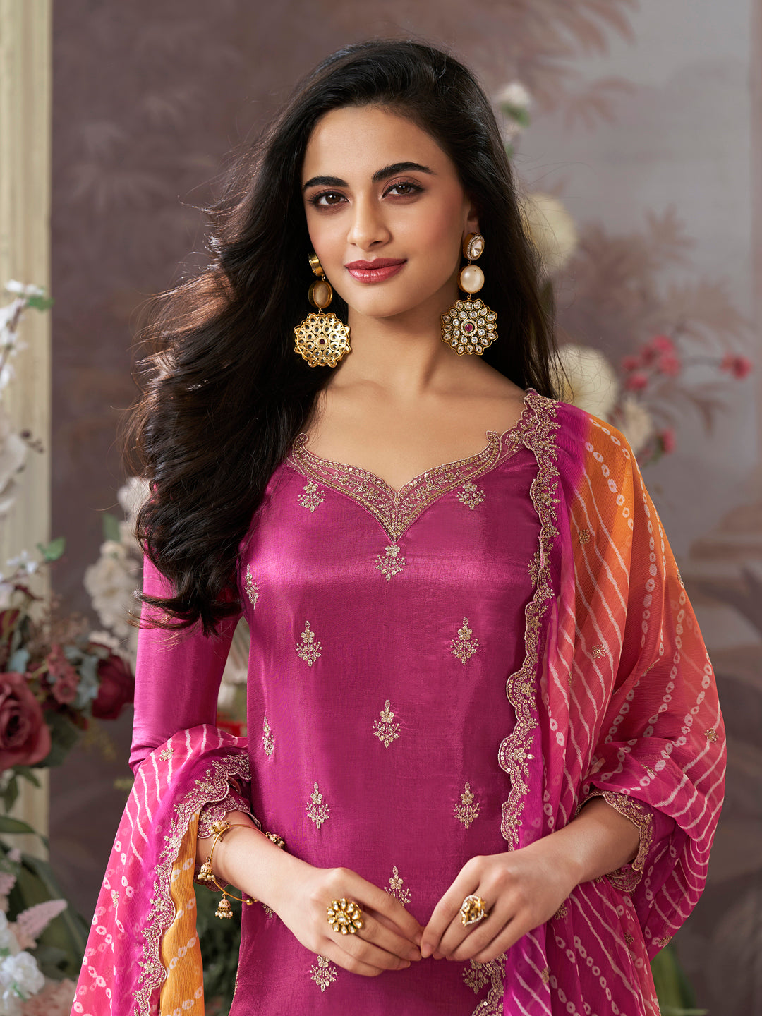 Hot Pink Dola Silk Kurta Set with Embroidered Work Paired with Chiffon Dupatta with Digital Print Work