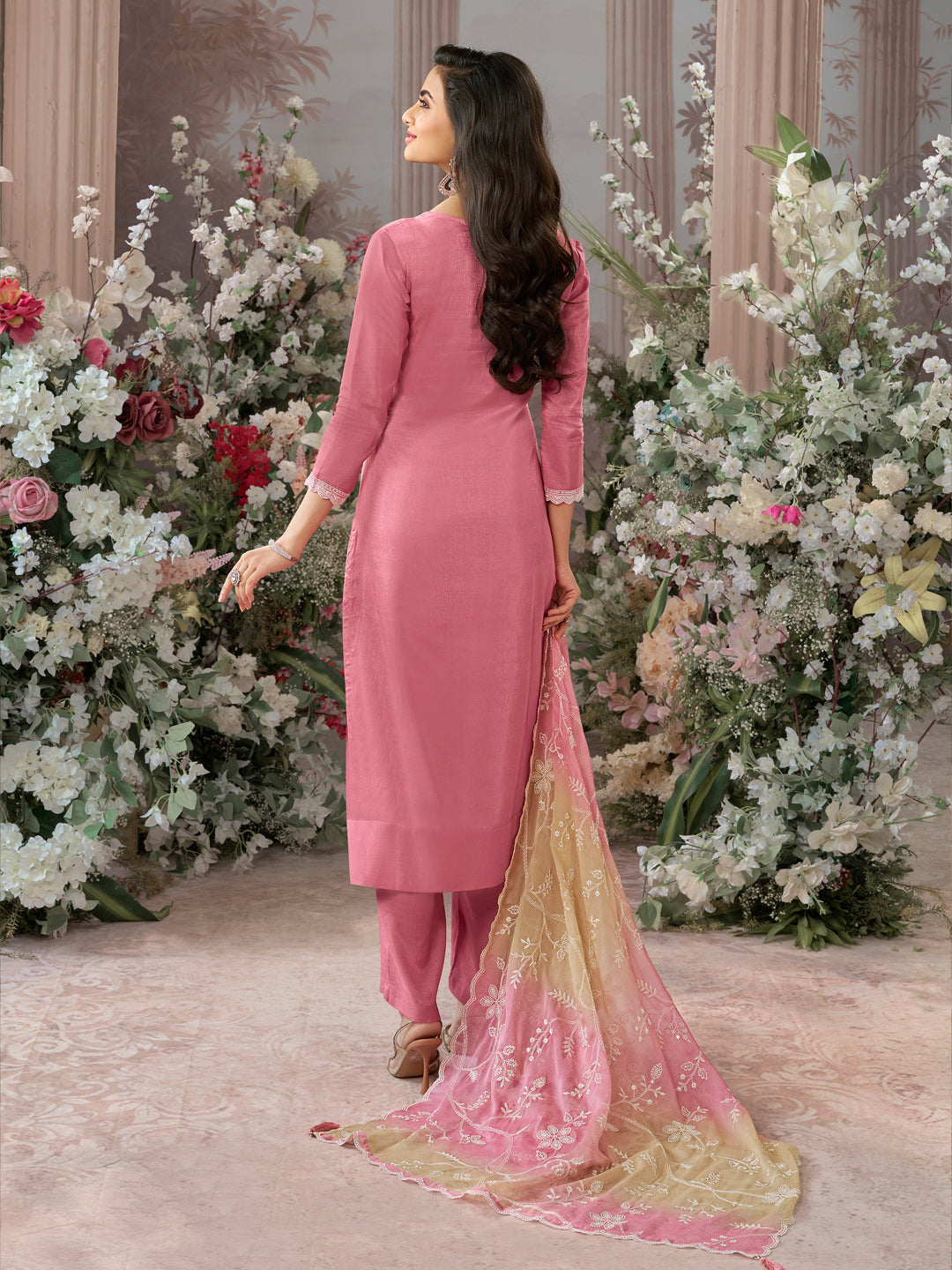 Pink Dola Silk Kurta With Embroidery Work And Buttas Paired Chiffon Digital Print Dupatta With Four Sided Scalloped Border