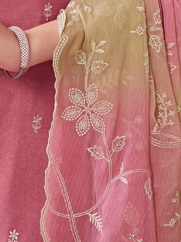 Pink Dola Silk Kurta With Embroidery Work And Buttas Paired Chiffon Digital Print Dupatta With Four Sided Scalloped Border