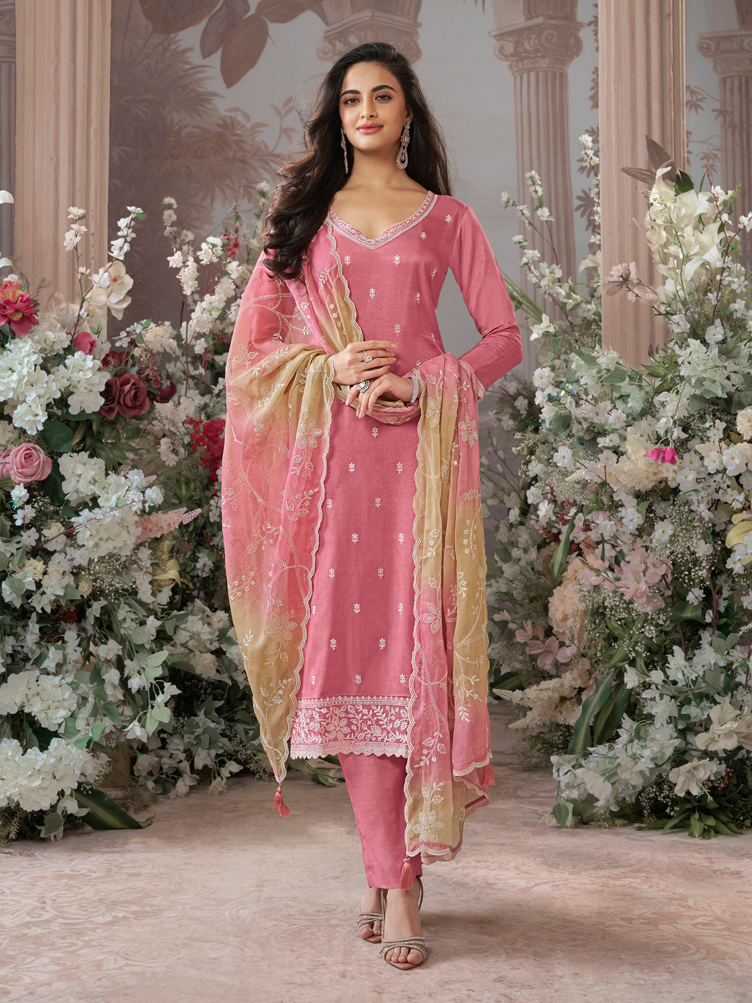 Pink Dola Silk Kurta With Embroidery Work And Buttas Paired Chiffon Digital Print Dupatta With Four Sided Scalloped Border