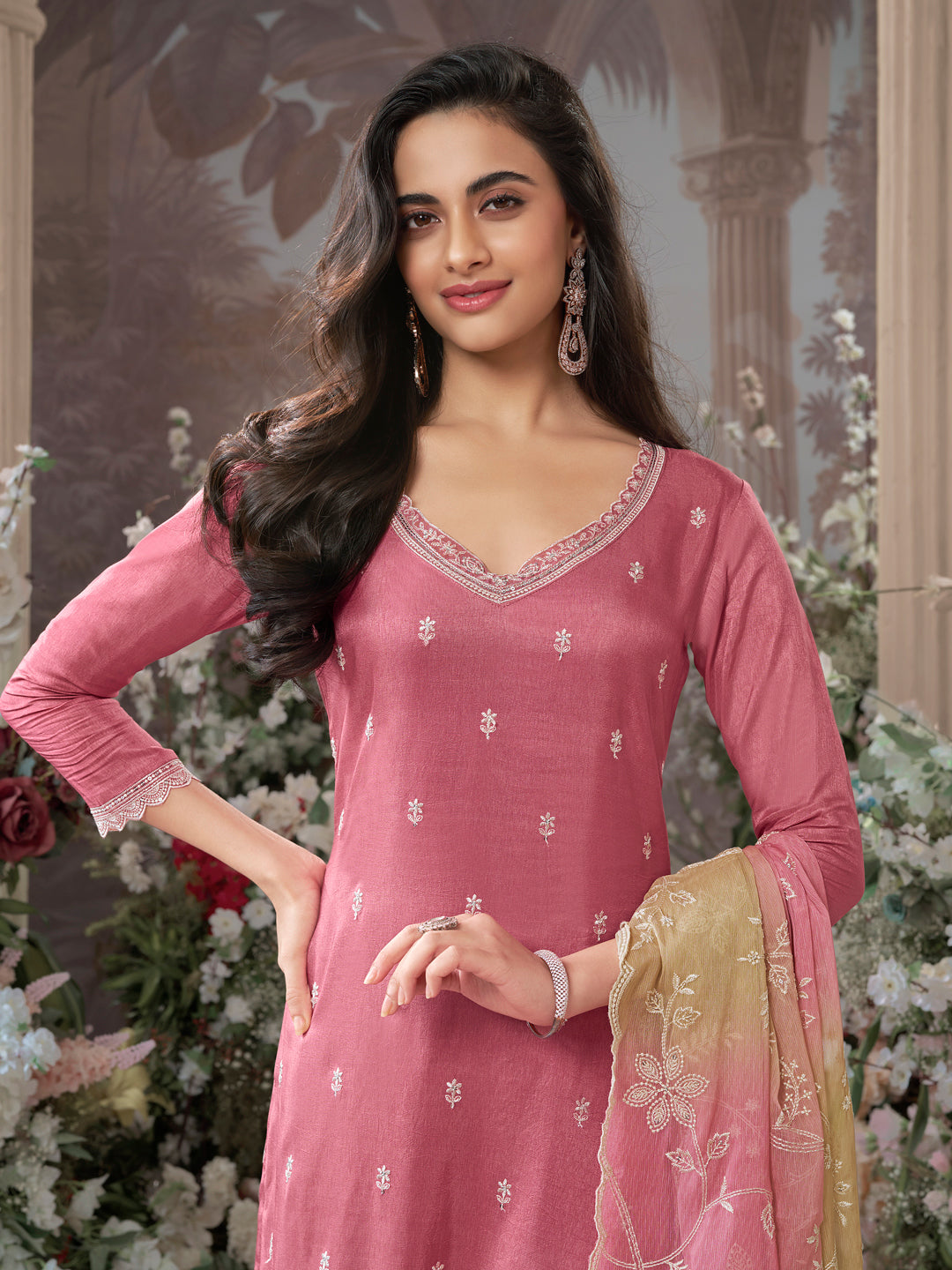 Pink Dola Silk Kurta With Embroidery Work And Buttas Paired Chiffon Digital Print Dupatta With Four Sided Scalloped Border