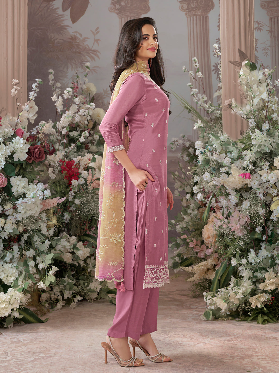 Dusty Rose Dola Silk Kurta With Embroidery Work And Buttas Paired Chiffon Digital Print Dupatta With Four Sided Scalloped Border