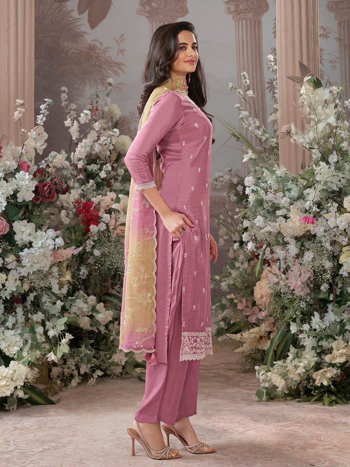 Dusty Rose Dola Silk Kurta With Embroidery Work And Buttas Paired Chiffon Digital Print Dupatta With Four Sided Scalloped Border