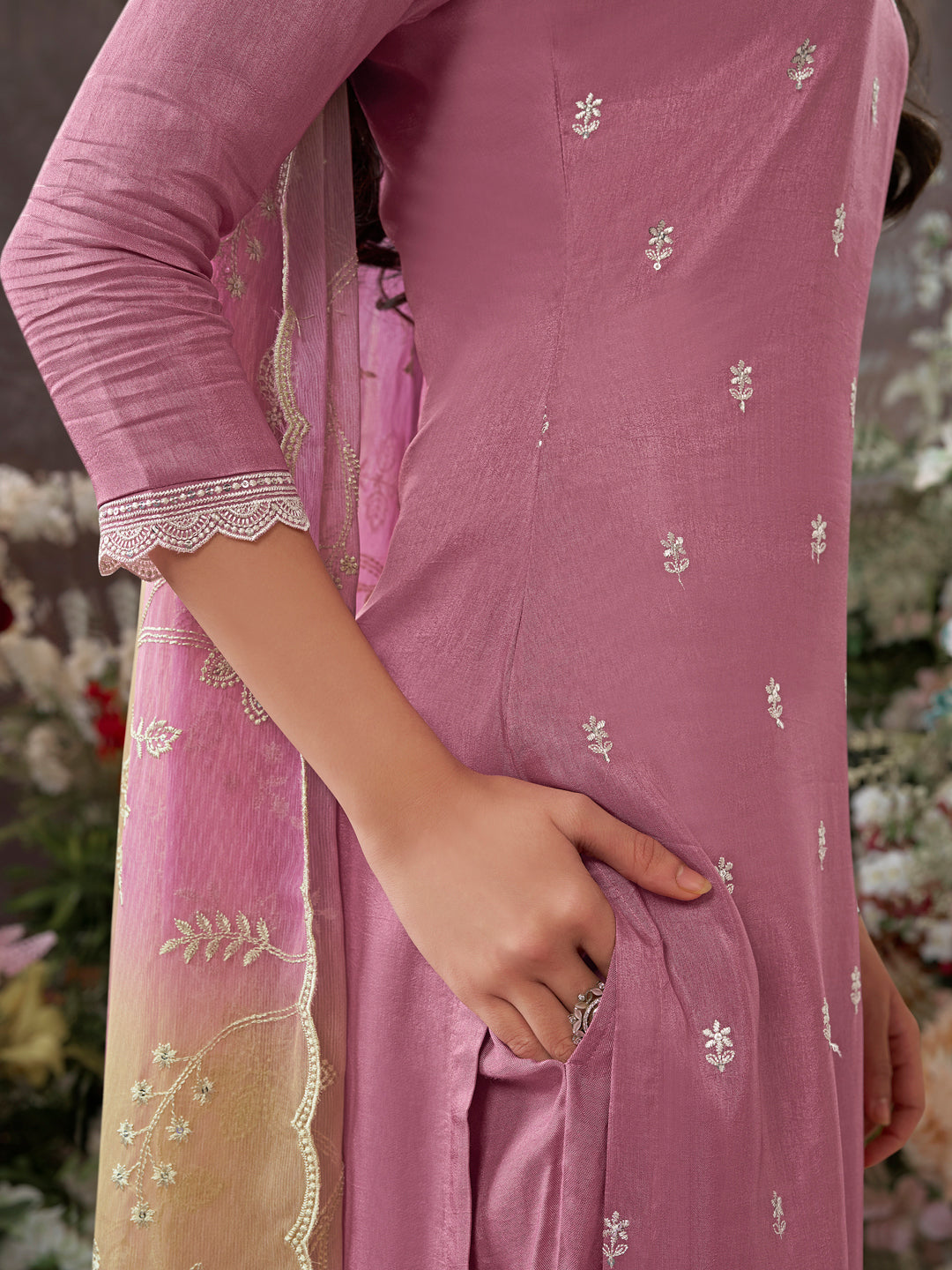 Dusty Rose Dola Silk Kurta With Embroidery Work And Buttas Paired Chiffon Digital Print Dupatta With Four Sided Scalloped Border