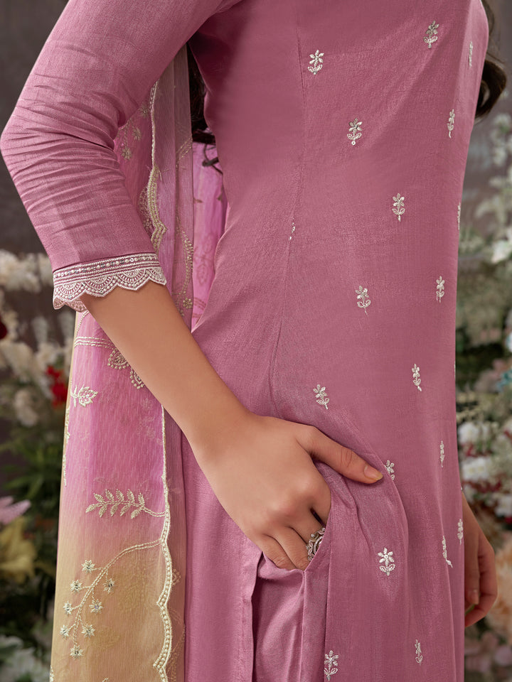 Dusty Rose Dola Silk Kurta With Embroidery Work And Buttas Paired Chiffon Digital Print Dupatta With Four Sided Scalloped Border