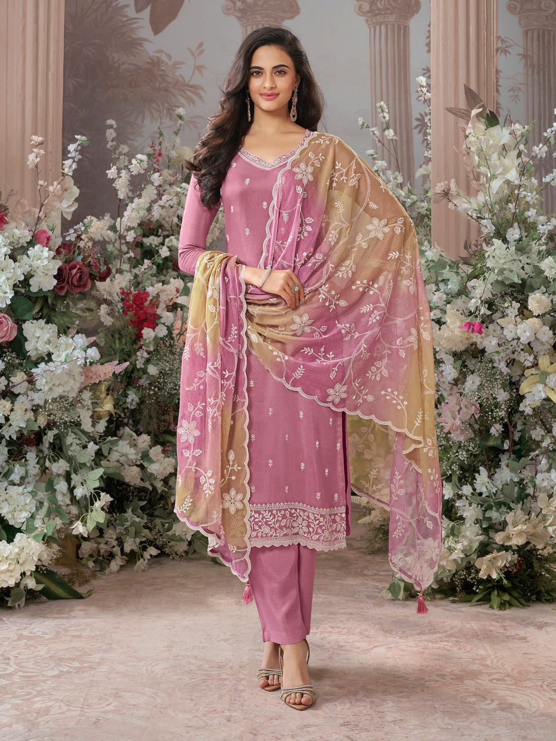 Dusty Rose Dola Silk Kurta With Embroidery Work And Buttas Paired Chiffon Digital Print Dupatta With Four Sided Scalloped Border