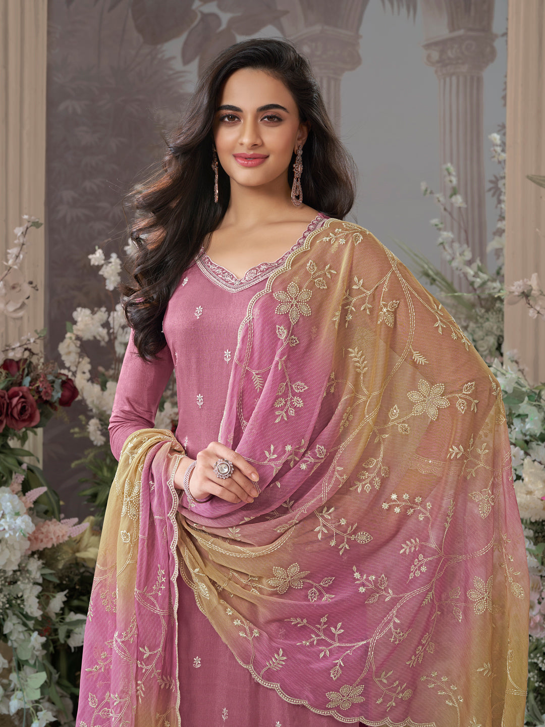Dusty Rose Dola Silk Kurta With Embroidery Work And Buttas Paired Chiffon Digital Print Dupatta With Four Sided Scalloped Border