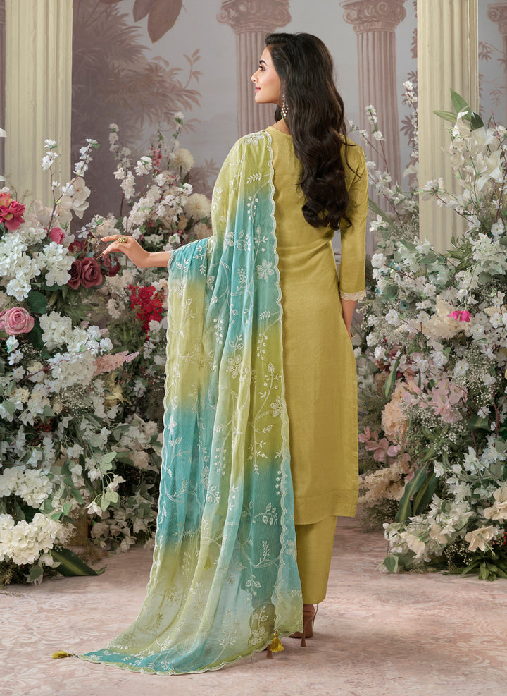 Tan Dola Silk Kurta With Embroidery Work And Buttas Paired Chiffon Digital Print Dupatta With Four Sided Scalloped Border