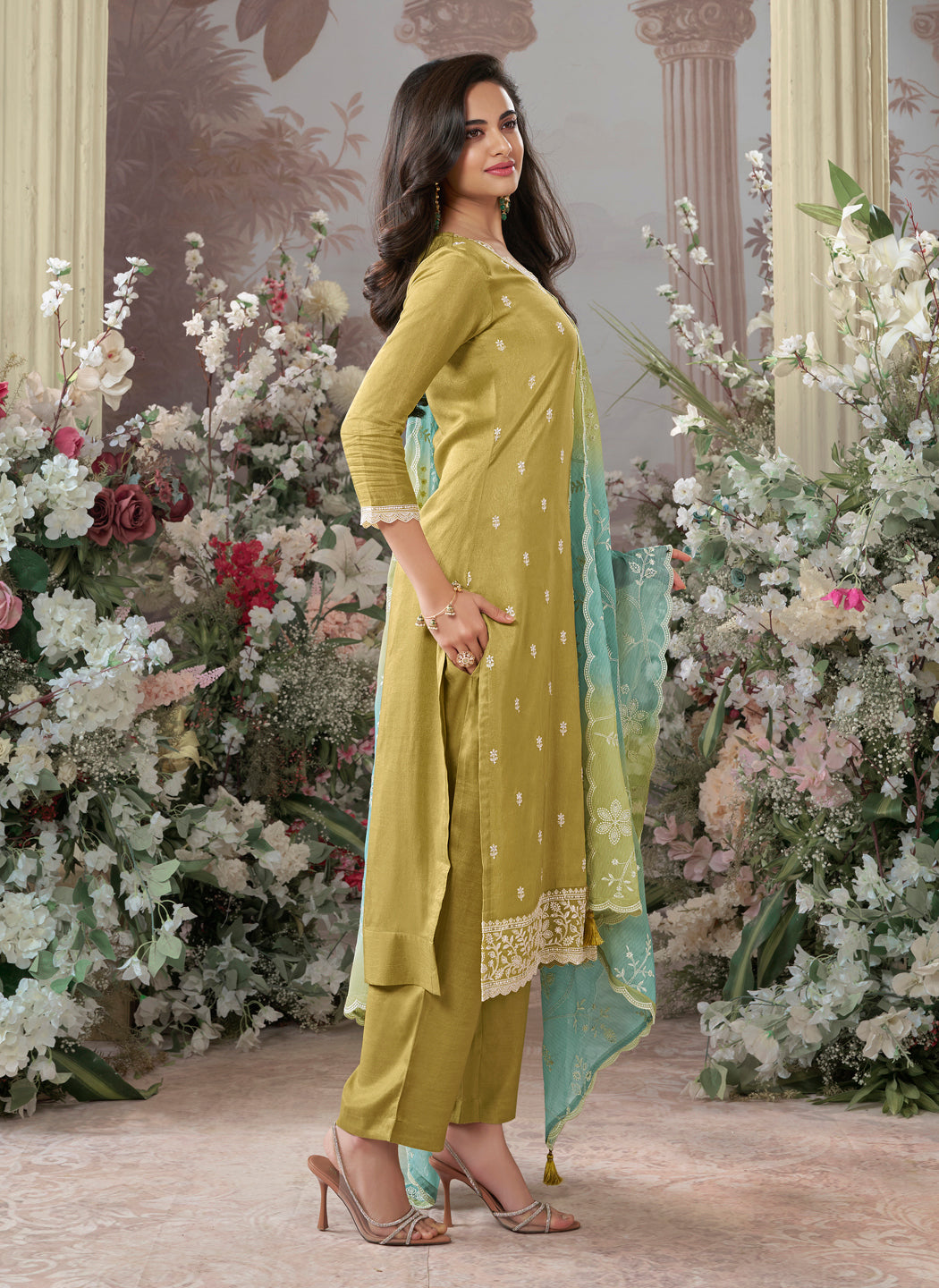 Tan Dola Silk Kurta With Embroidery Work And Buttas Paired Chiffon Digital Print Dupatta With Four Sided Scalloped Border