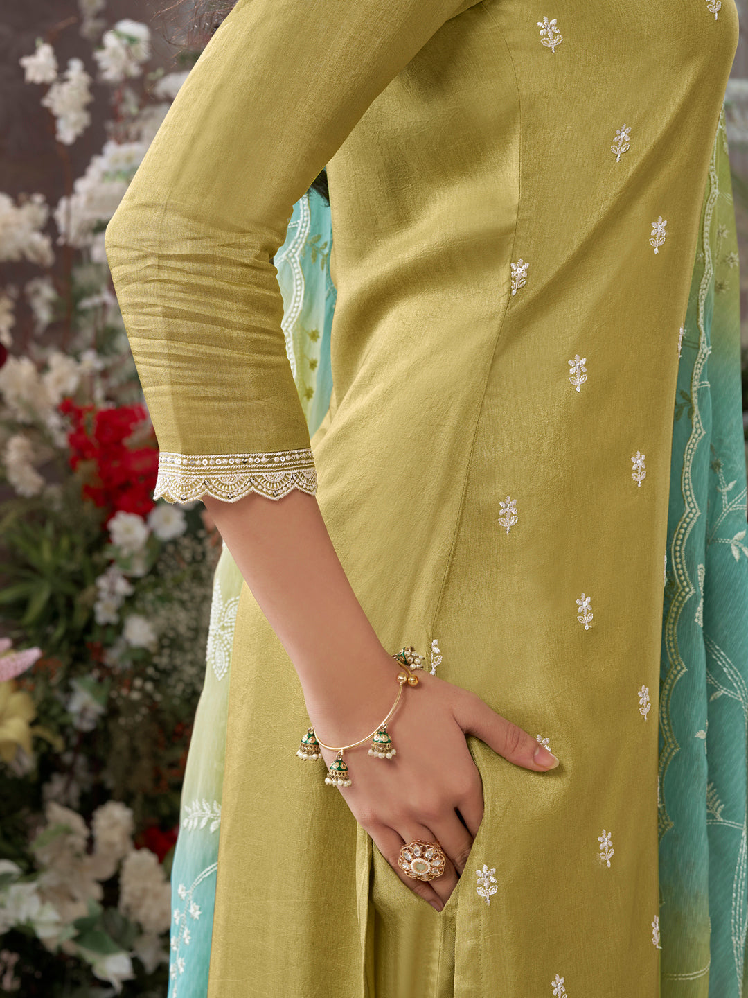 Tan Dola Silk Kurta With Embroidery Work And Buttas Paired Chiffon Digital Print Dupatta With Four Sided Scalloped Border