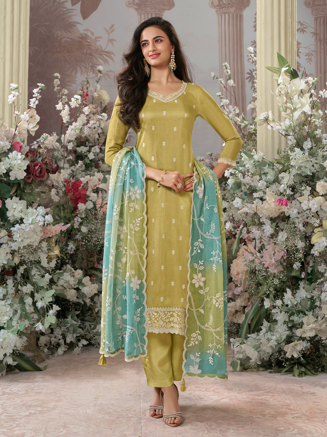 Tan Dola Silk Kurta With Embroidery Work And Buttas Paired Chiffon Digital Print Dupatta With Four Sided Scalloped Border