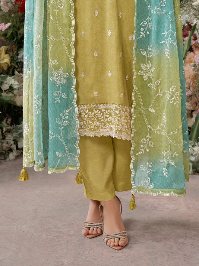 Tan Dola Silk Kurta With Embroidery Work And Buttas Paired Chiffon Digital Print Dupatta With Four Sided Scalloped Border