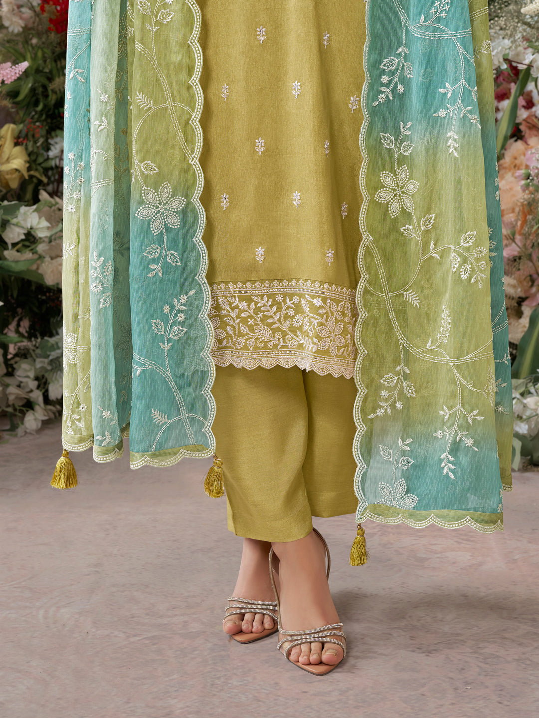 Tan Dola Silk Kurta With Embroidery Work And Buttas Paired Chiffon Digital Print Dupatta With Four Sided Scalloped Border