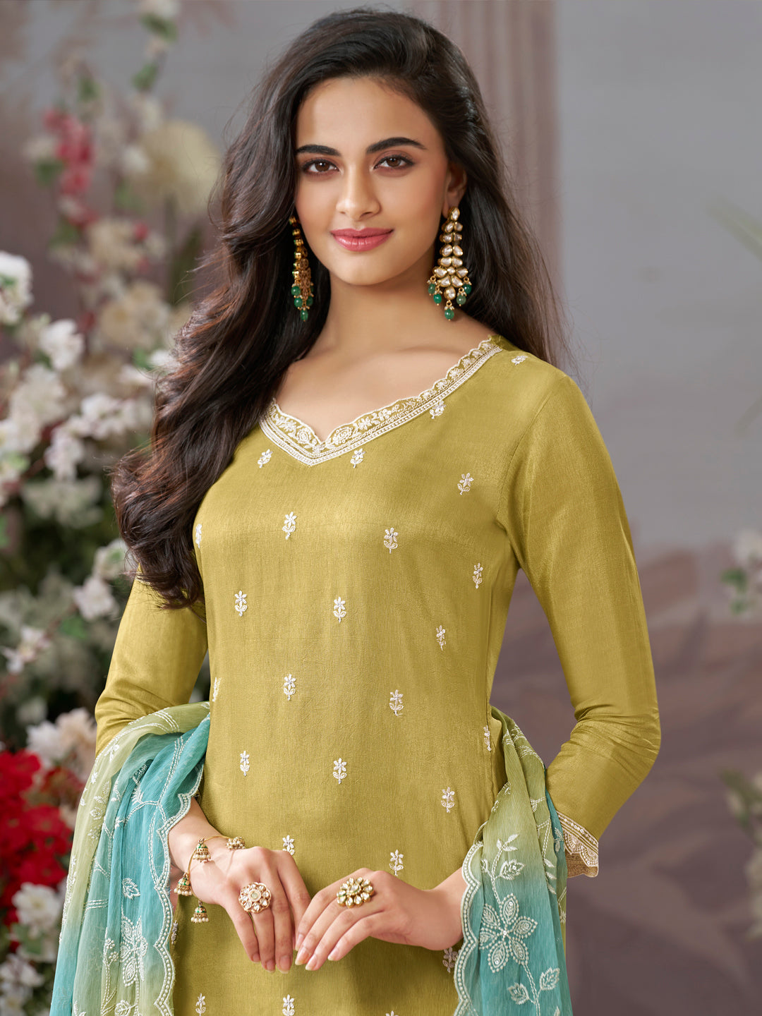 Tan Dola Silk Kurta With Embroidery Work And Buttas Paired Chiffon Digital Print Dupatta With Four Sided Scalloped Border