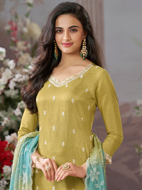 Tan Dola Silk Kurta With Embroidery Work And Buttas Paired Chiffon Digital Print Dupatta With Four Sided Scalloped Border