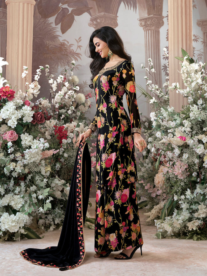 Black Chinon Sharara Suit Set with Floral Print and Embroidery Work