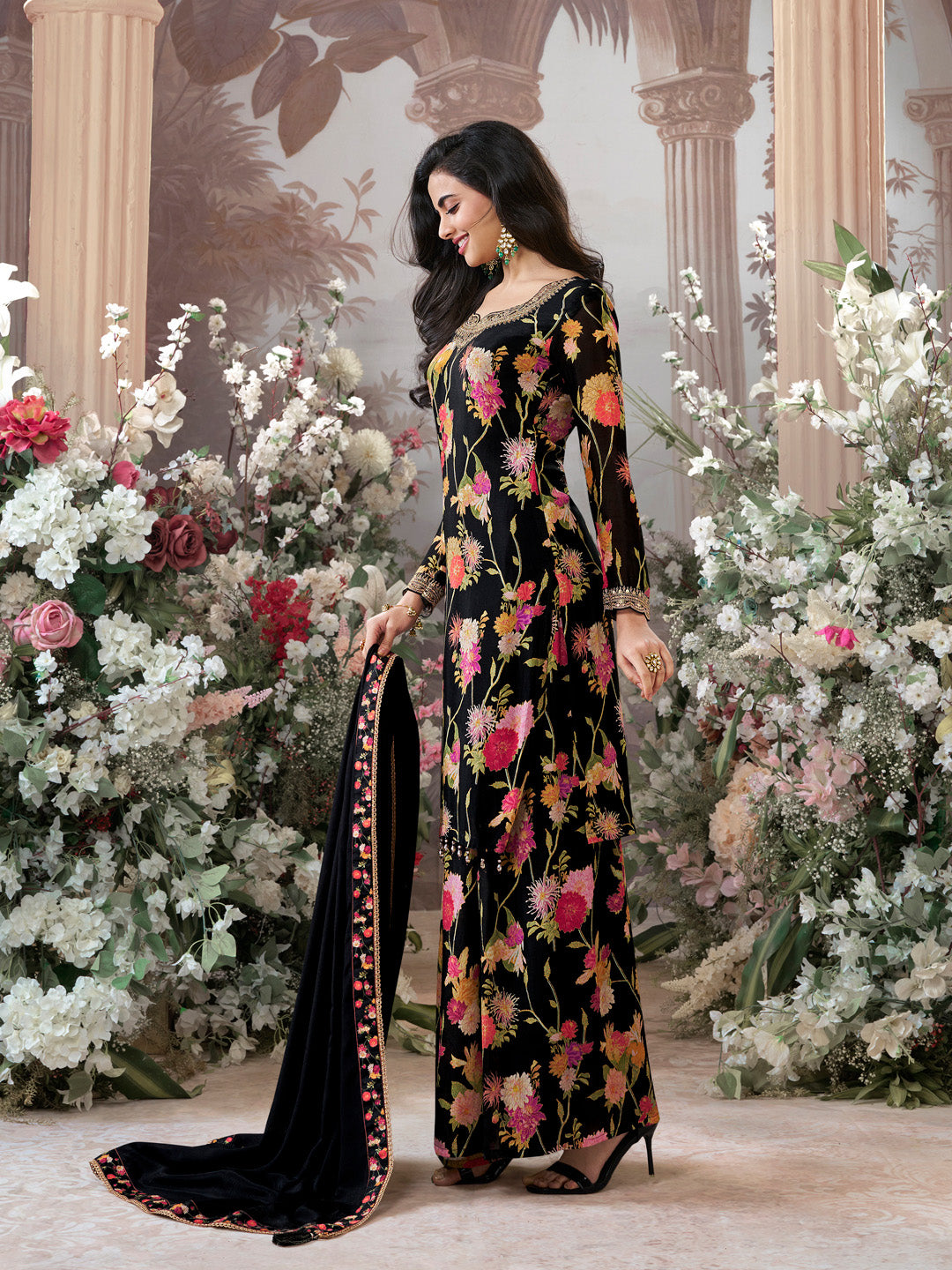 Black Chinon Sharara Suit Set with Floral Print and Embroidery Work