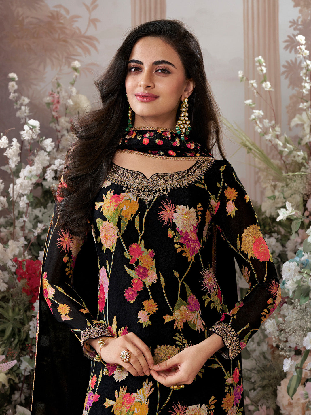 Black Chinon Sharara Suit Set with Floral Print and Embroidery Work