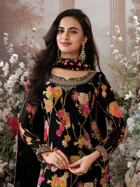 Black Chinon Sharara Suit Set with Floral Print and Embroidery Work