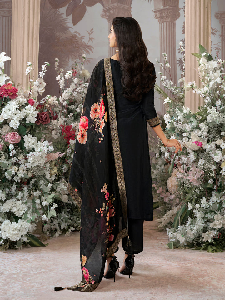 Black Dola Silk Kurta Set with Jacquard Detailing and Intricate Embroidery, Paired with a Cherry Silk Dupatta