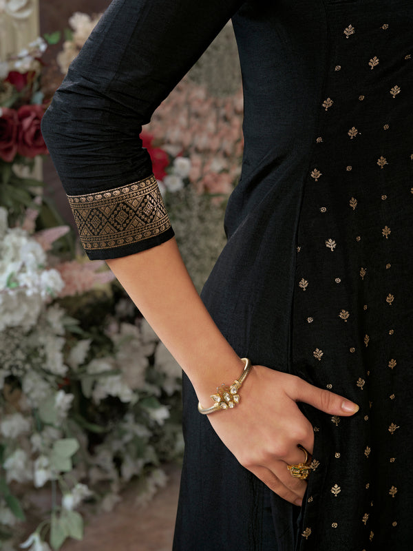 Black Dola Silk Kurta Set with Jacquard Detailing and Intricate Embroidery, Paired with a Cherry Silk Dupatta