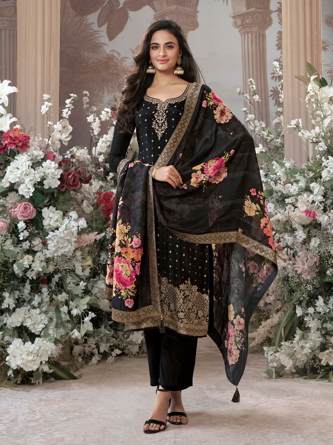Black Dola Silk Kurta Set with Jacquard Detailing and Intricate Embroidery, Paired with a Cherry Silk Dupatta