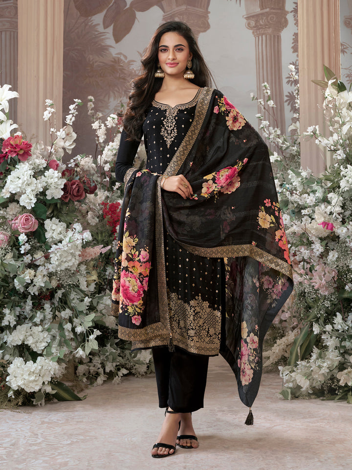 Black Dola Silk Kurta Set with Jacquard Detailing and Intricate Embroidery, Paired with a Cherry Silk Dupatta
