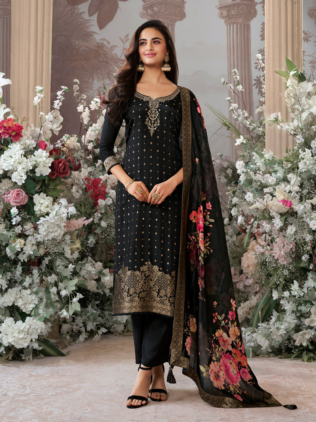 Black Dola Silk Kurta Set with Jacquard Detailing and Intricate Embroidery, Paired with a Cherry Silk Dupatta