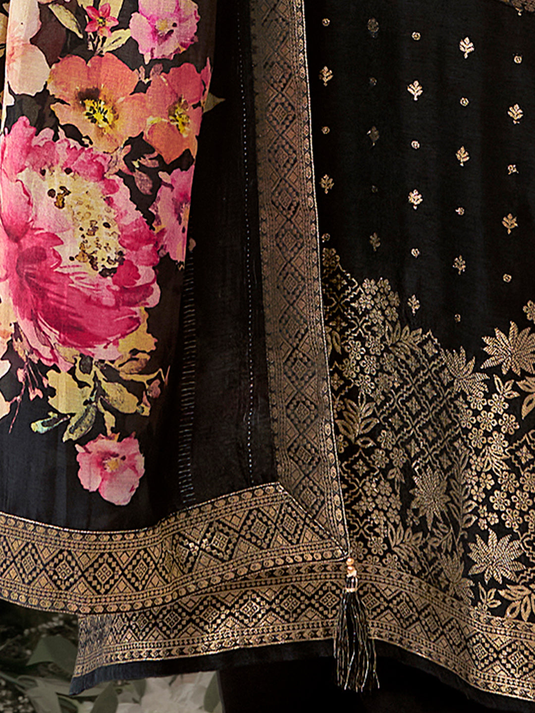 Black Dola Silk Kurta Set with Jacquard Detailing and Intricate Embroidery, Paired with a Cherry Silk Dupatta