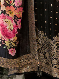 Black Dola Silk Kurta Set with Jacquard Detailing and Intricate Embroidery, Paired with a Cherry Silk Dupatta