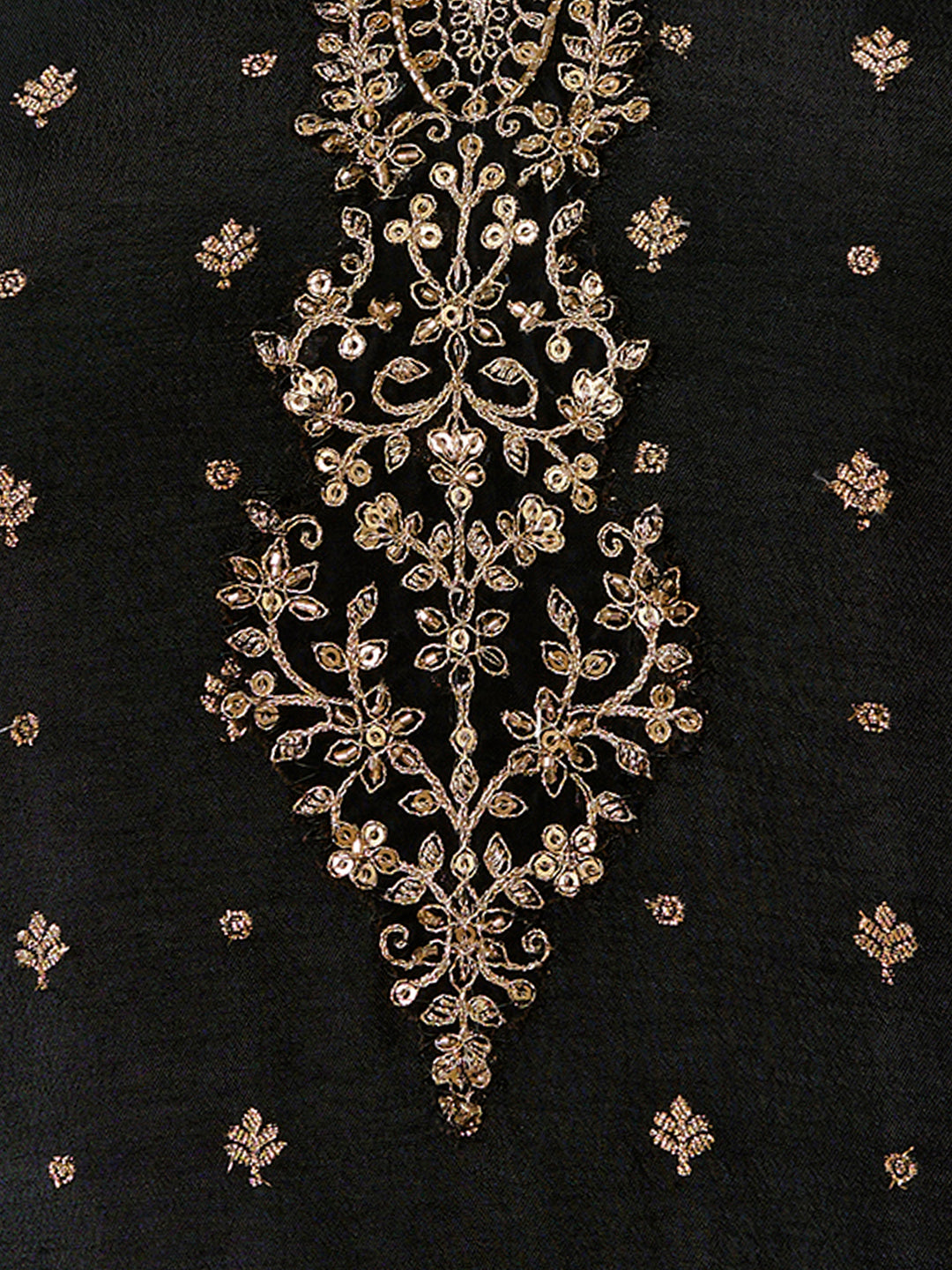 Black Dola Silk Kurta Set with Jacquard Detailing and Intricate Embroidery, Paired with a Cherry Silk Dupatta
