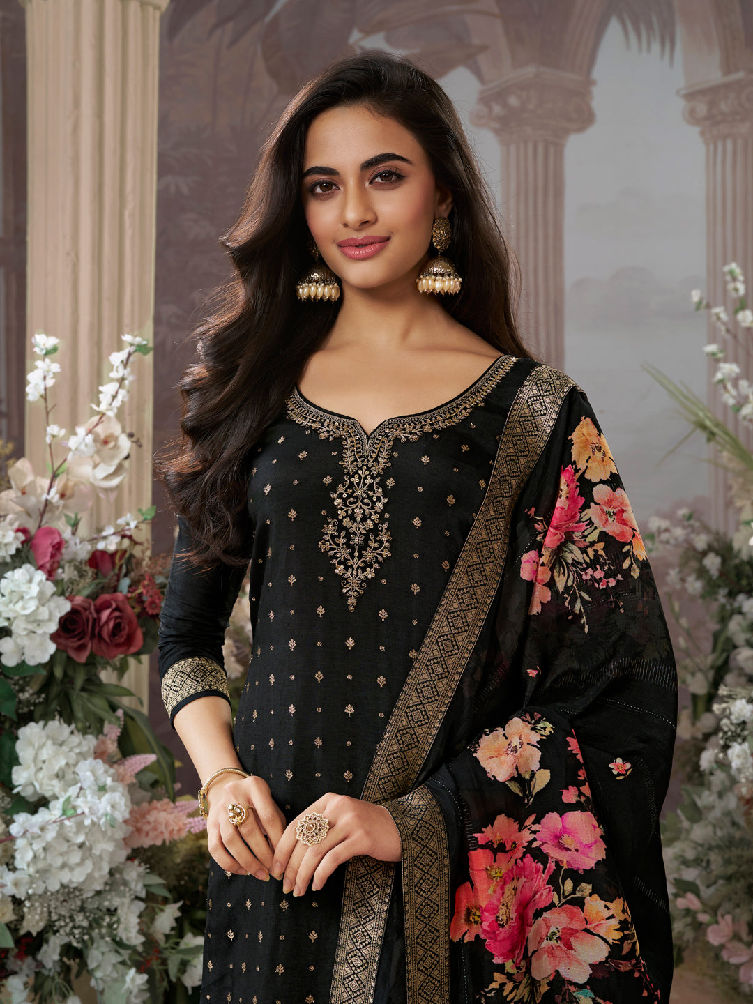 Black Dola Silk Kurta Set with Jacquard Detailing and Intricate Embroidery, Paired with a Cherry Silk Dupatta