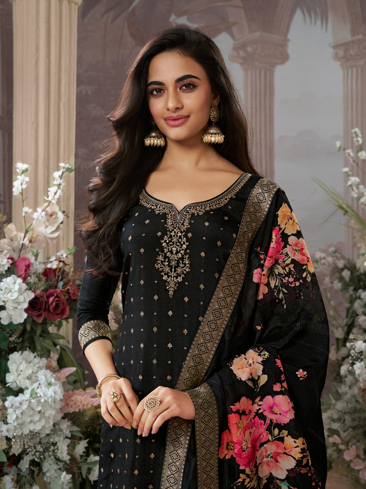 Black Dola Silk Kurta Set with Jacquard Detailing and Intricate Embroidery, Paired with a Cherry Silk Dupatta